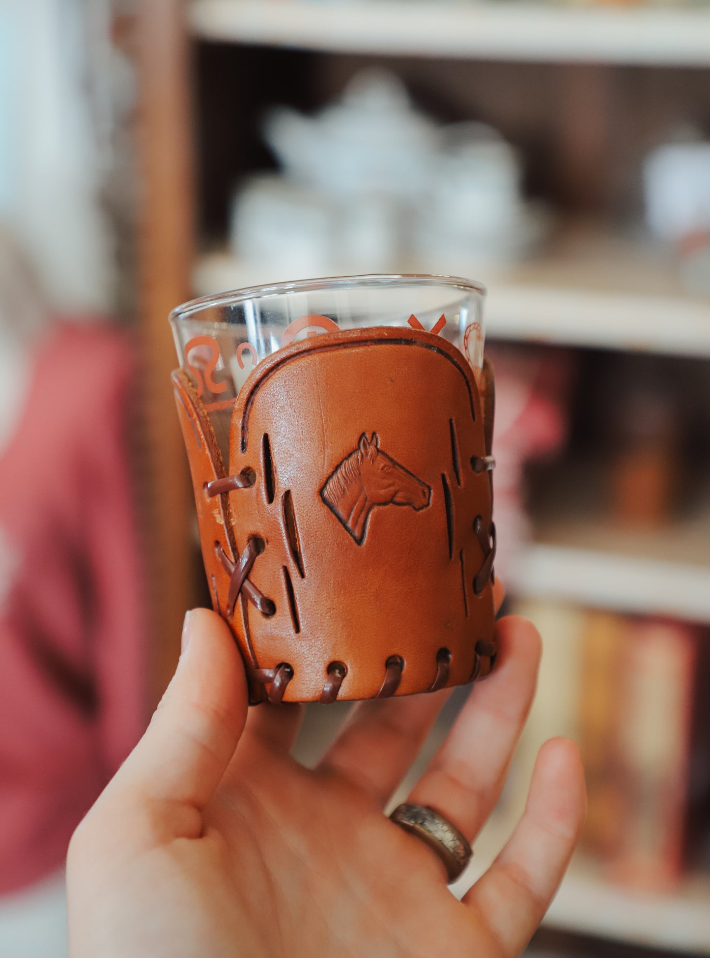 Short Vintage Horse Glass - Tooled Leather Holder