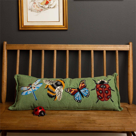 Green Canvas Embroidered Bugs Lumbar Pillow
