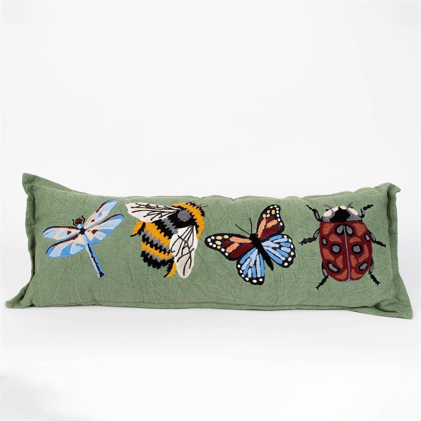 Green Canvas Embroidered Bugs Lumbar Pillow
