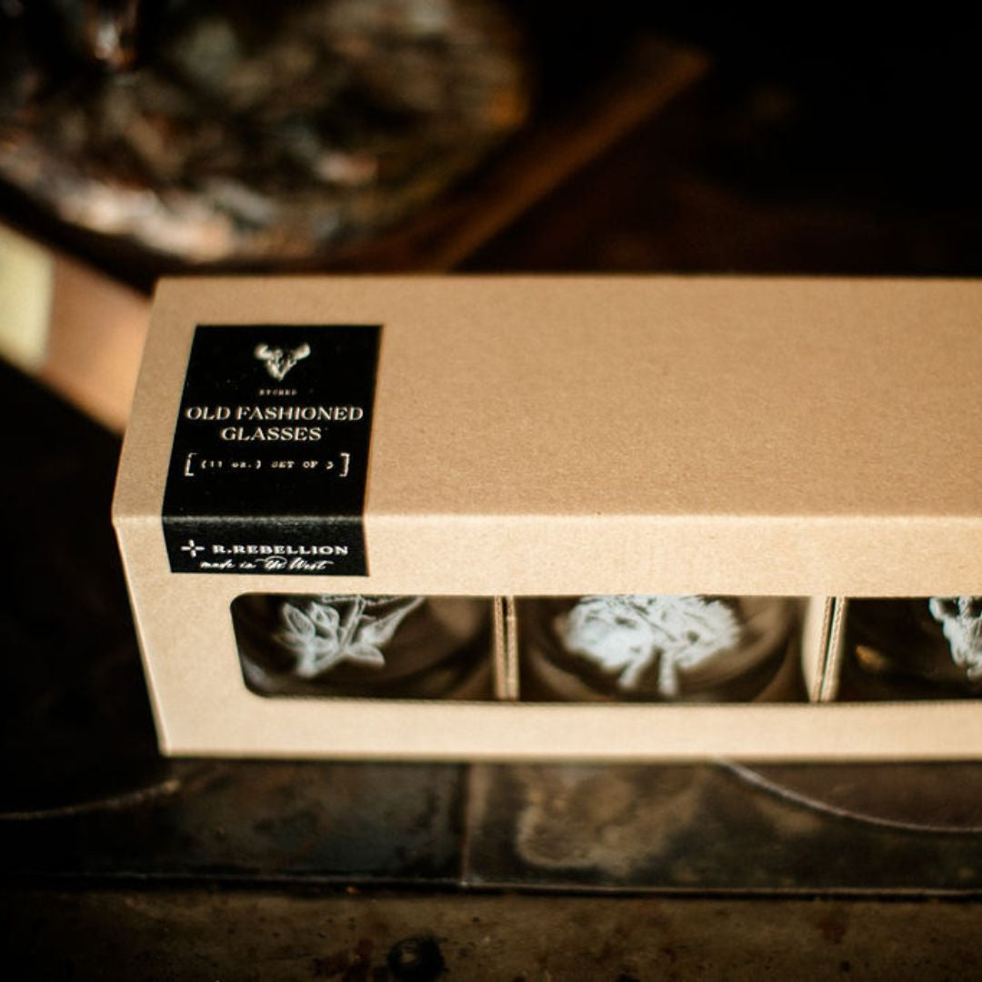 Western Inspired Etched Old Fashioned Whiskey Glasses Set