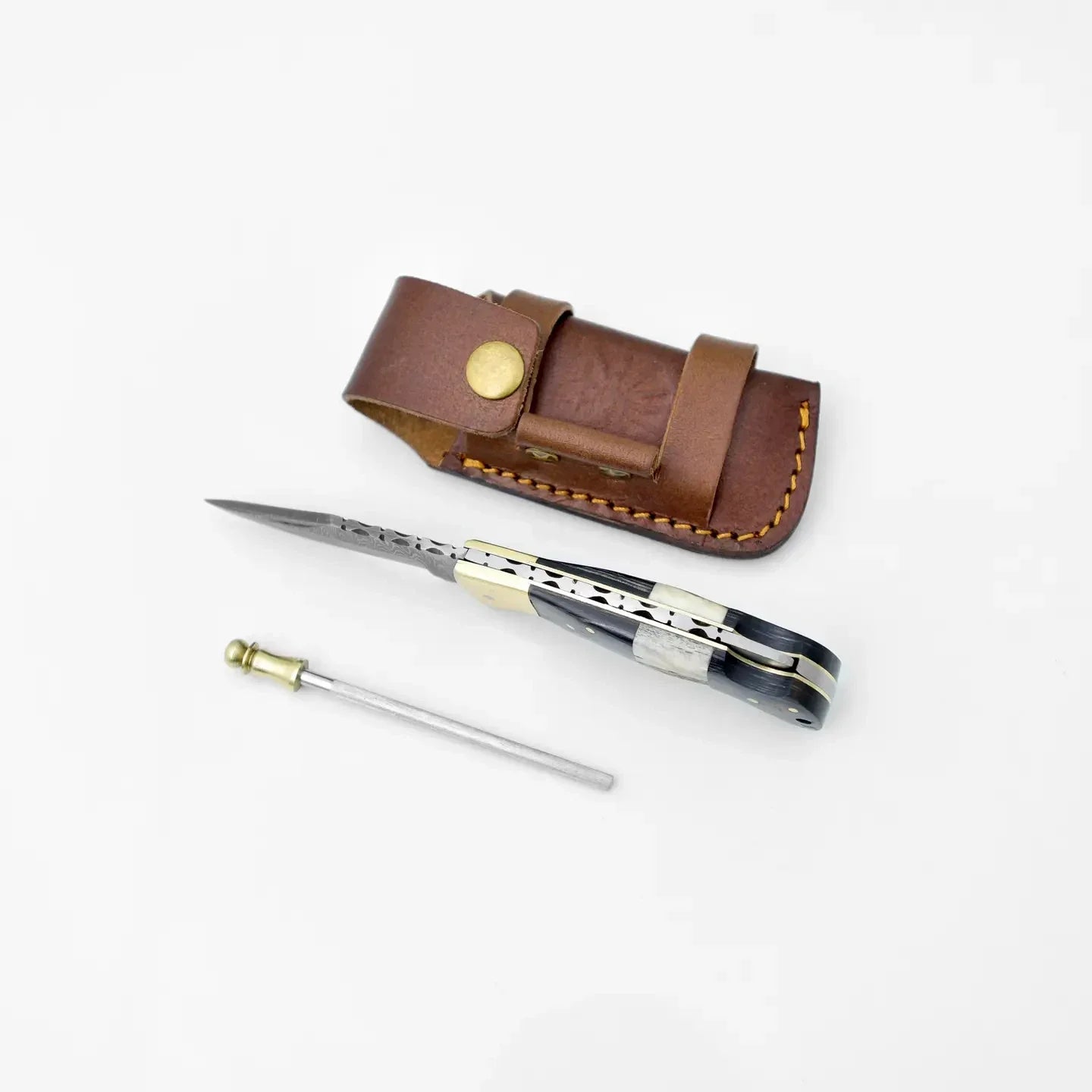 Damascus Steel Pocket Knife Limited Run Black Diamond Wood and Stag Horn