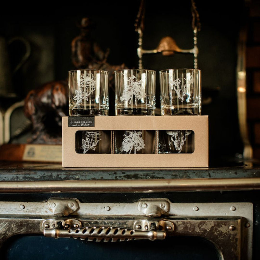 Western Inspired Etched Old Fashioned Whiskey Glasses Set